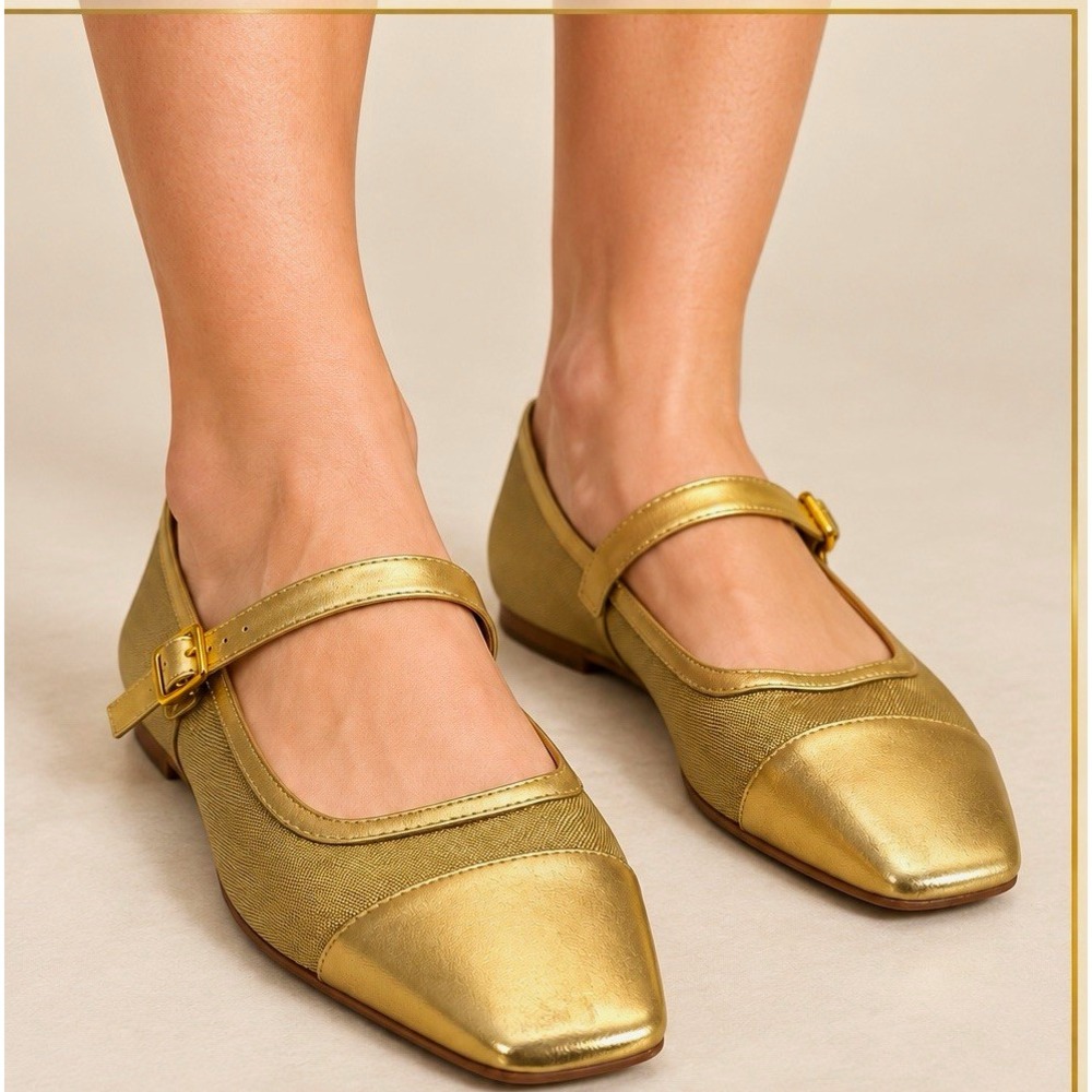 Size 8.5- Sam Edelman Gold Mesh Square Toe Mary Jane Flats Buckle Strap